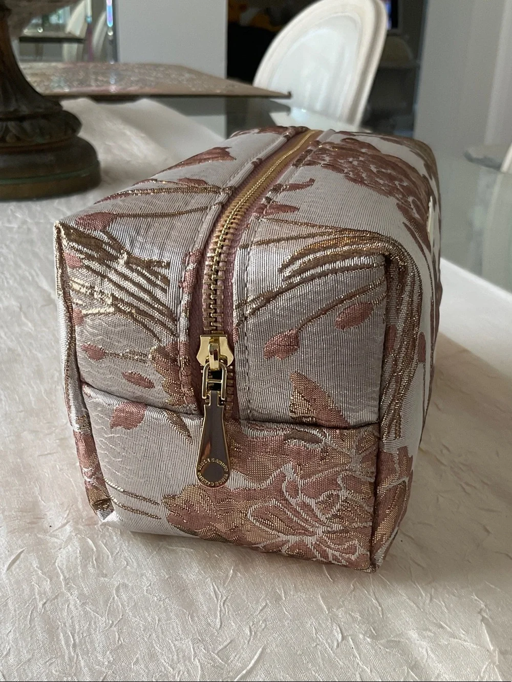 Vince Camuto Blush Pink and Gold Floral Jacquard Cosmetic Pouch